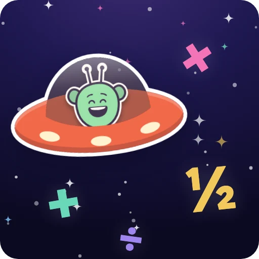 A smiling green alien flying a UFO among big maths signs in space