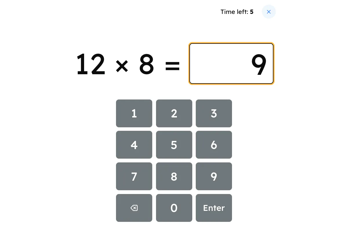 The tables check mock running on a tablet: one times table question, the first digit of the answer typed in the box, Time left in the corner counting down from 6, and a grey number pad under it.