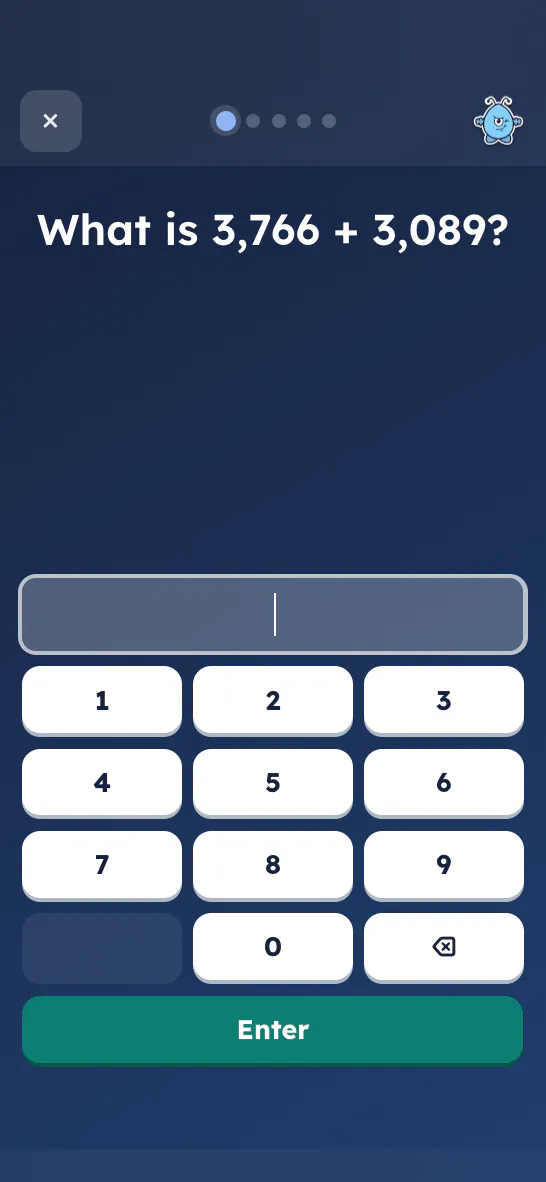 A Daily 5 question on a phone, the first of five: What is 3,766 + 3,089? A number pad sits under the question for typing the answer.