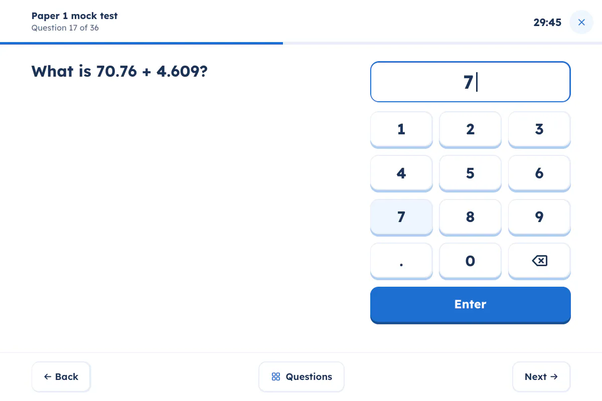The SATs Paper 1 mock running on a tablet: a question part way through the 36, the 30 minute clock counting down in the corner, and a number pad beside the question for typing the answer.