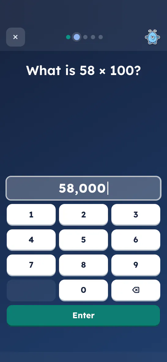 A Year 4 question on a phone: What is 58 × 100? The answer 58,000 has been typed on the number pad.